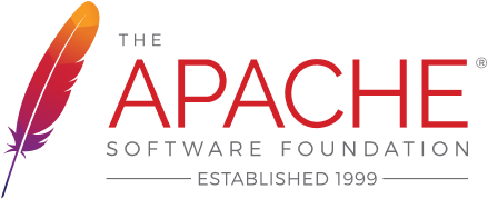 Logo de Apache. Une plume rouge avec le bout orangé. A droite APACHE en capital en rouge, et dessous "Software foundation - established 1999"