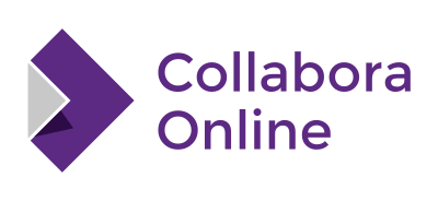 Logo de Collabora. Rectangle violet, positionné avec les pontes vers le haut et la bas, et le côté gauche est replié jusqu'au centre du carré, et l'autre face est grise. A côté est écrit en violet "Collabora Online".