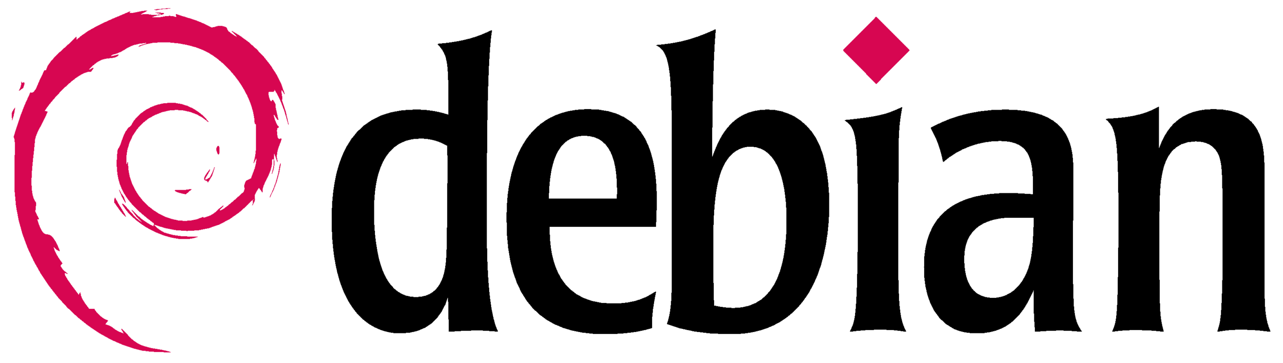 Logo de Debian. Il représente un tourbillon rouge spiralé qui part du centre et se déplace vers l'extérieur. A droite le nom Debian en noir avec un point rouge sur le i.