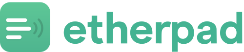 Logo de Etherpad. Il y a une représentation graphique d'une feuille avec de l'écriture, représentée par un carré vert aux angles arrondis, et des traits blancs à l'intérieur. A droite du carré le nom "etherpad" en vert.