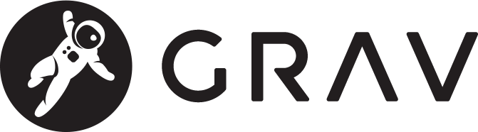 Logo de Grav. Un astronaute dessiné en blanc, dans un rond noir, et "GRAV" écrit en noir à côté.