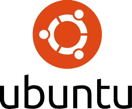 Logo Unbuntu. Le logo d'Ubuntu est un rond orange, dans lequel il a un cercle blanc, coupé à trois endroits, entouré de 3 points blancs. En-dessous est écrit Ubuntu en noir.