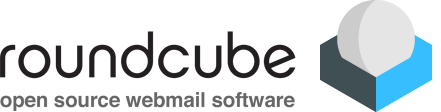 Logo de Roundcube. Le nom est écrit en noir, en-dessous est écrit"open source webmail software". A droite du texte se trouve une boule blanche dans une boîte bleue.