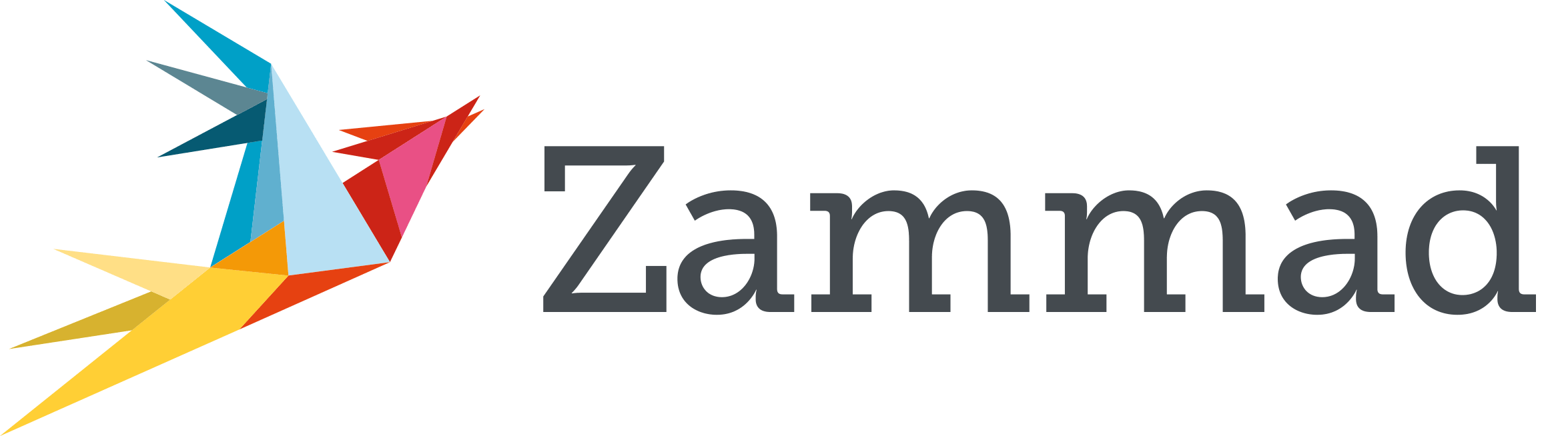 Logo de Zammad. Un oiseu en origami de plusieurs couleurs (jaune, bleu, rouge, orange, rose), et Zammad écrit en noir à côté.