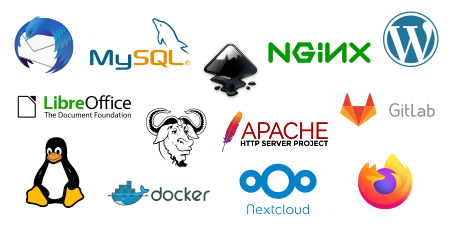 Image regroupant des logos de logiciels libres, comme Linux, WordPress, LibreOffice, Firefox, Thunderbird, Nginx, etc