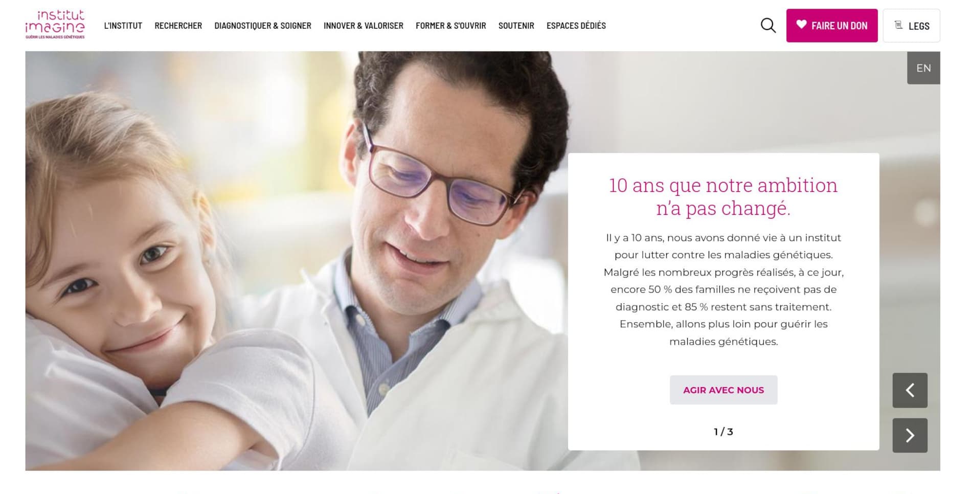 Capture d'écran de la page d'accueil du site Institut Imagine